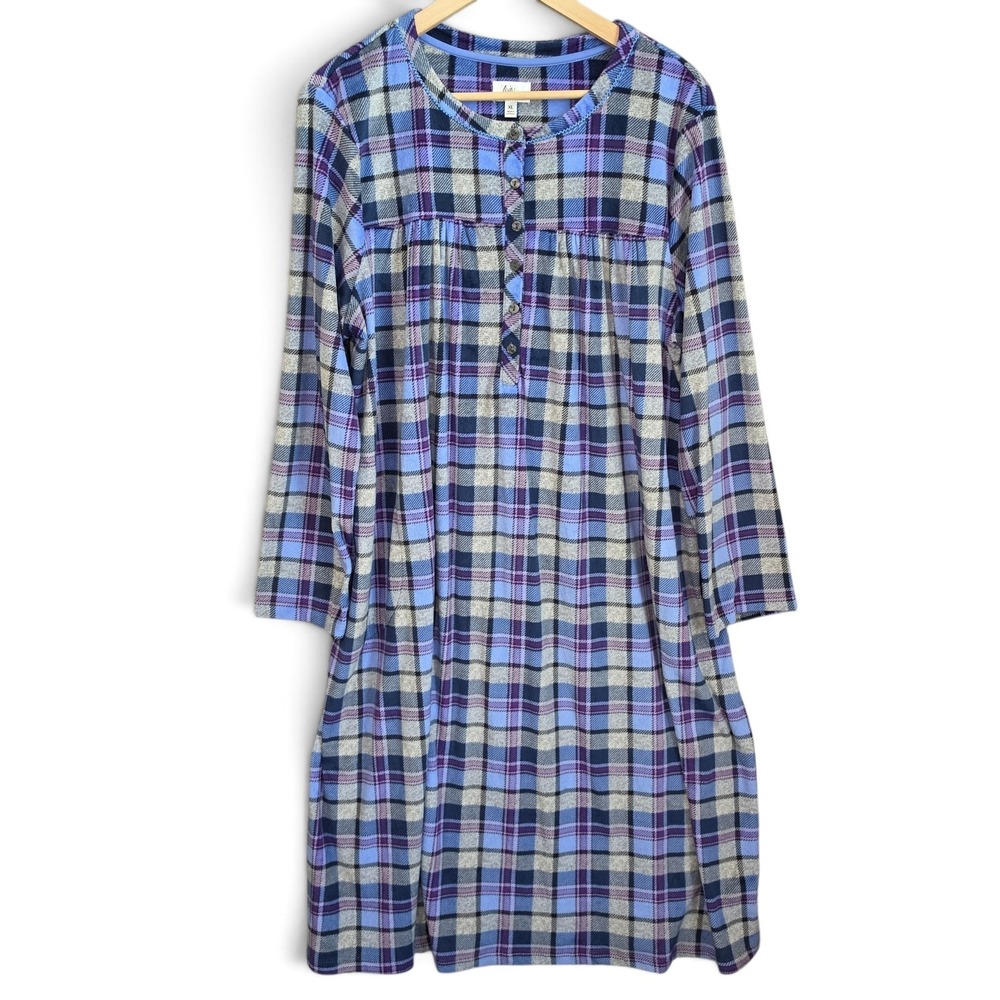 Aria Collection Nightgown Womens XL Blue Plaid Button Fleece Long Sleeve Robe
